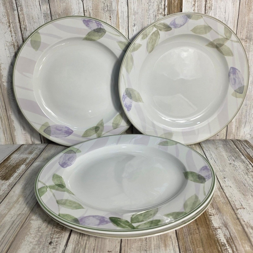 Pier 1 Ambrosia Porcelain Dinner Plates Set of 4 Purple Floral Botanical Green